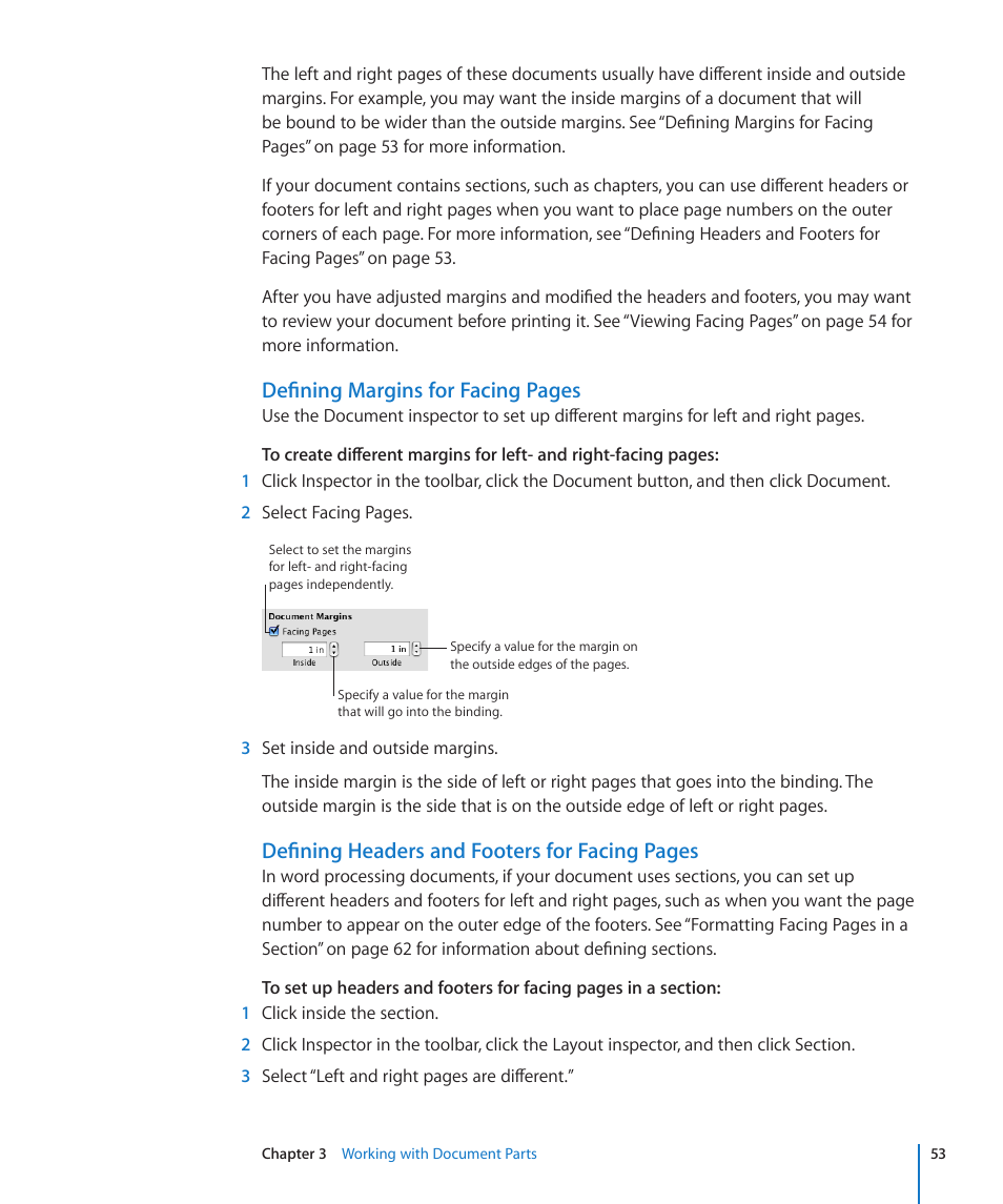 Defining margins for facing pages, Defining headers and footers for facing pages | Apple Pages '09 User Manual | Page 53 / 279