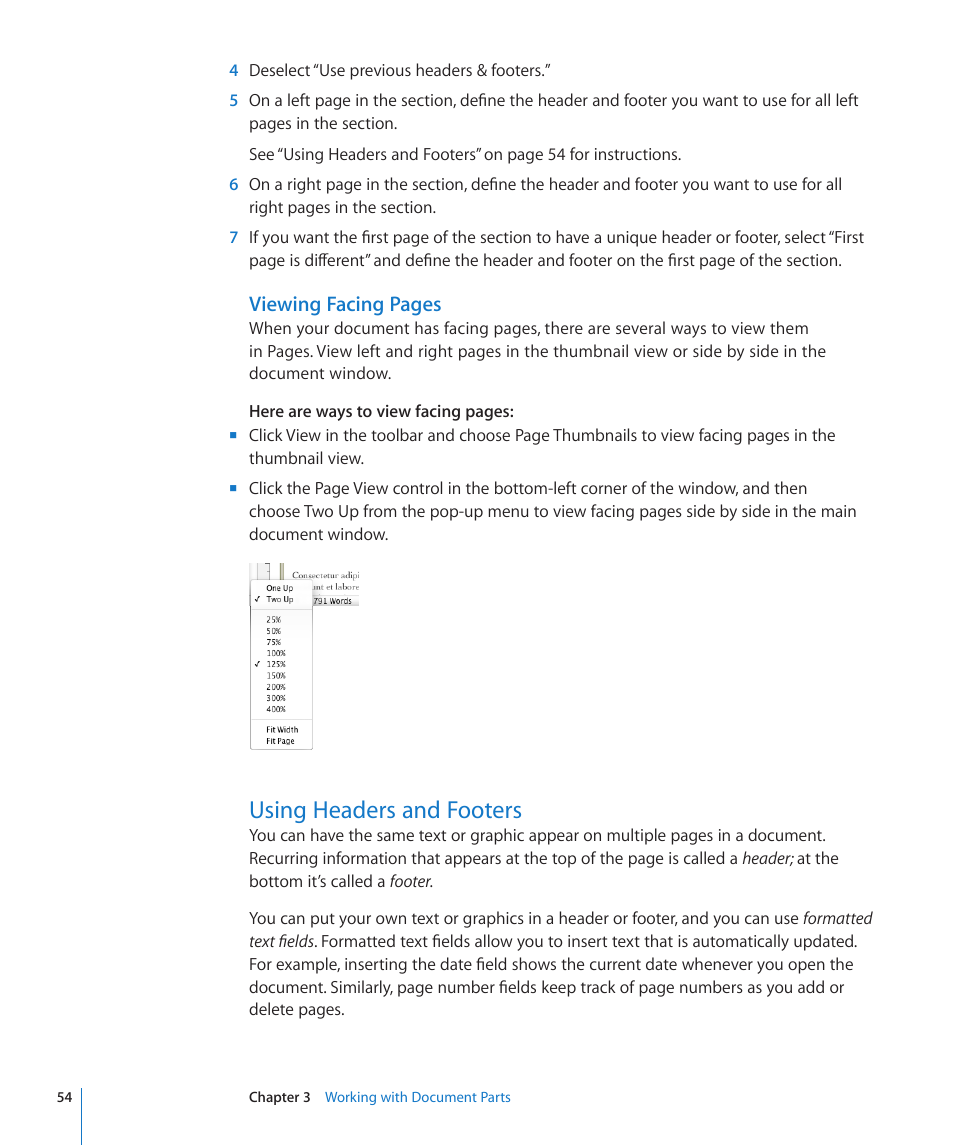 Using headers and footers, 54 using headers and footers, 54 f | Viewing facing pages | Apple Pages '09 User Manual | Page 54 / 279