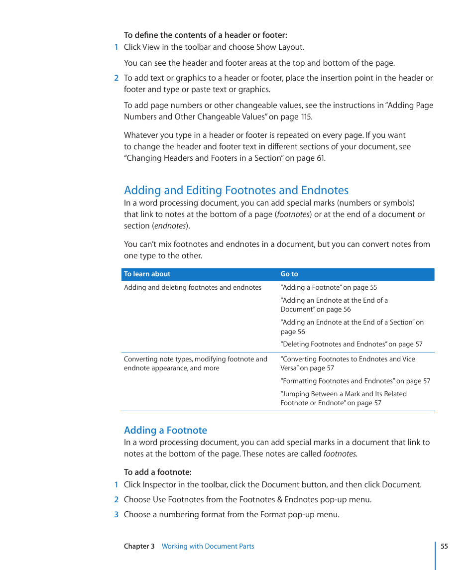 Adding and editing footnotes and endnotes, Adding a footnote, 55 adding and editing footnotes and endnotes 55 | Apple Pages '09 User Manual | Page 55 / 279