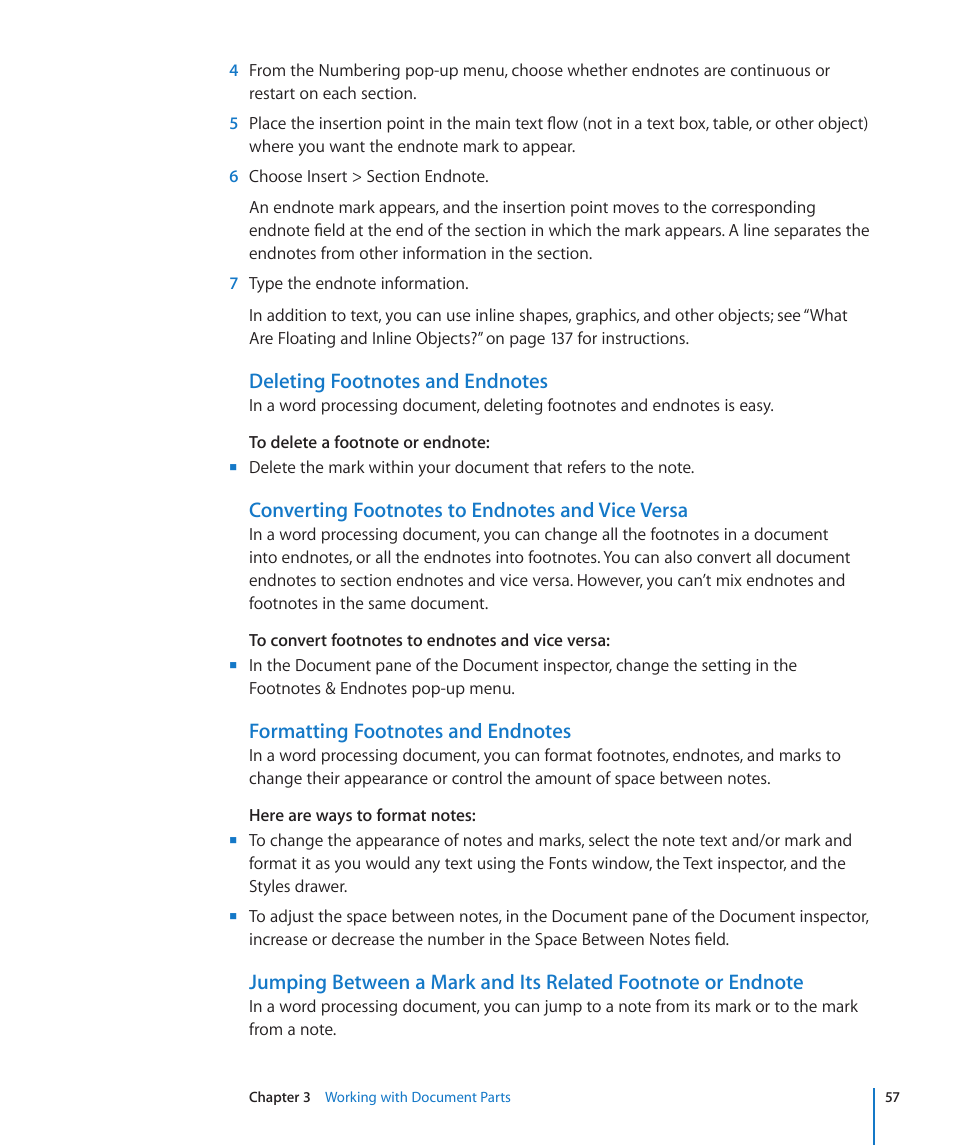 Deleting footnotes and endnotes, Converting footnotes to endnotes and vice versa, Formatting footnotes and endnotes | Apple Pages '09 User Manual | Page 57 / 279