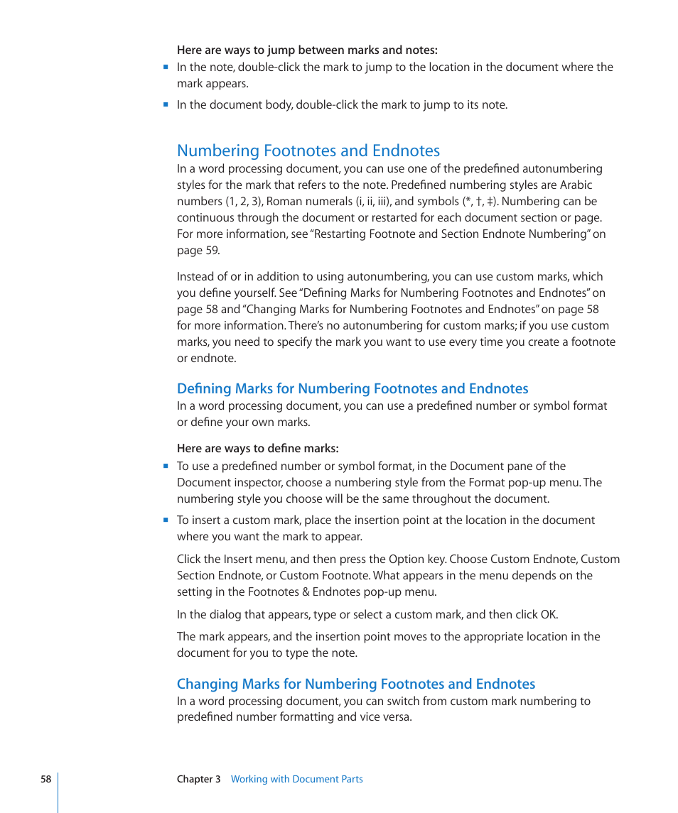 Numbering footnotes and endnotes, 58 numbering footnotes and endnotes 58 | Apple Pages '09 User Manual | Page 58 / 279