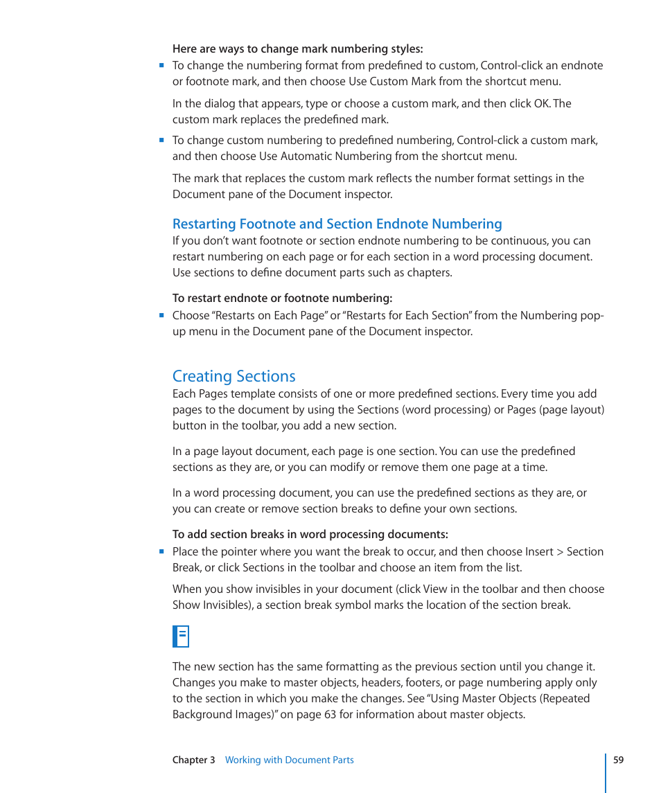 Restarting footnote and section endnote numbering, Creating sections, 59 creating sections | Apple Pages '09 User Manual | Page 59 / 279