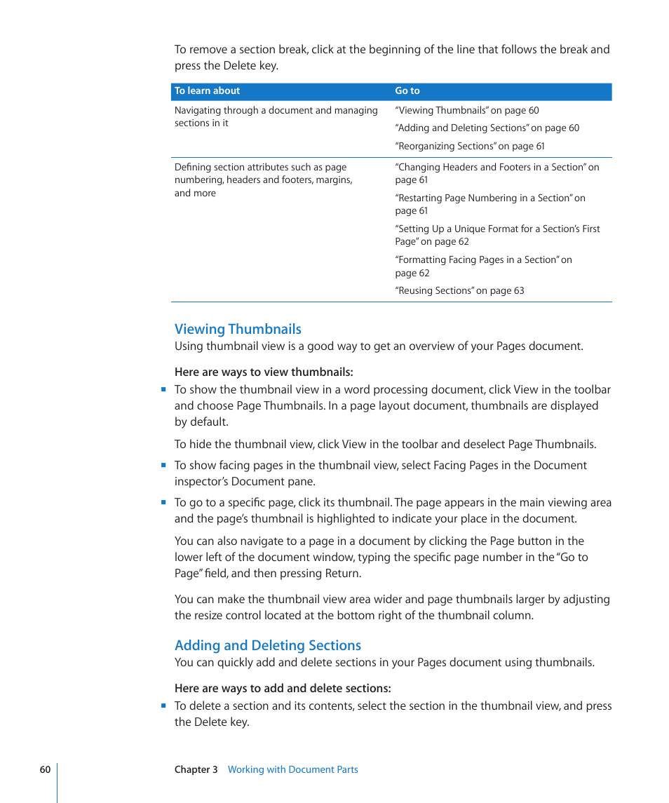 Viewing thumbnails, Adding and deleting sections, 60 f | Apple Pages '09 User Manual | Page 60 / 279