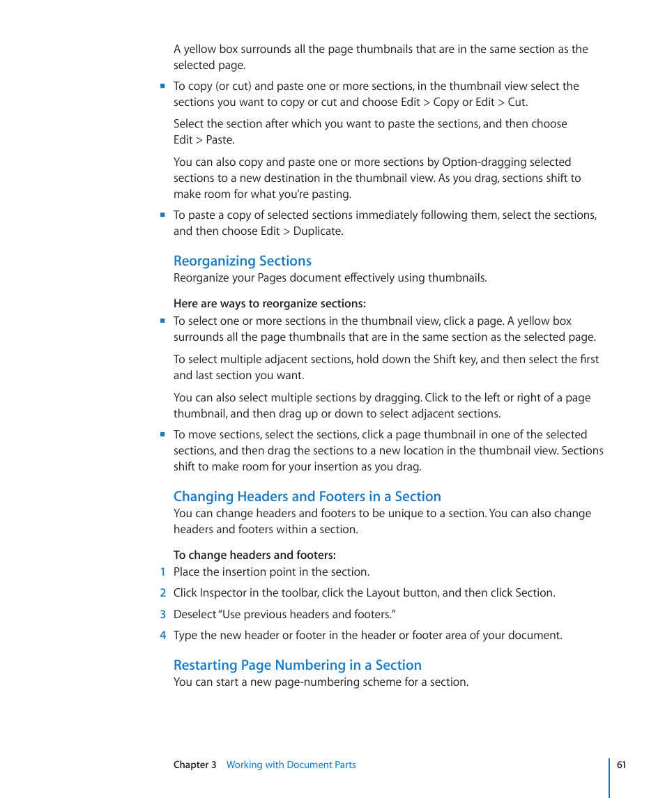 Reorganizing sections, Changing headers and footers in a section | Apple Pages '09 User Manual | Page 61 / 279