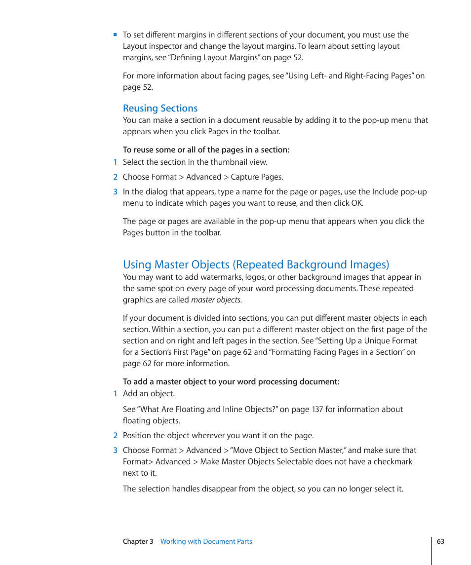 Reusing sections, Using master objects (repeated background images), Using master | Objects (repeated background images) | Apple Pages '09 User Manual | Page 63 / 279