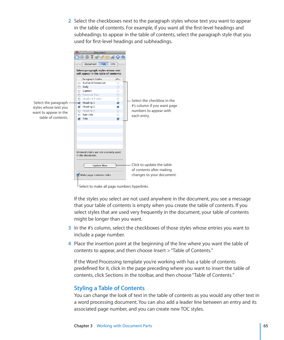 Styling a table of contents | Apple Pages '09 User Manual | Page 65 / 279