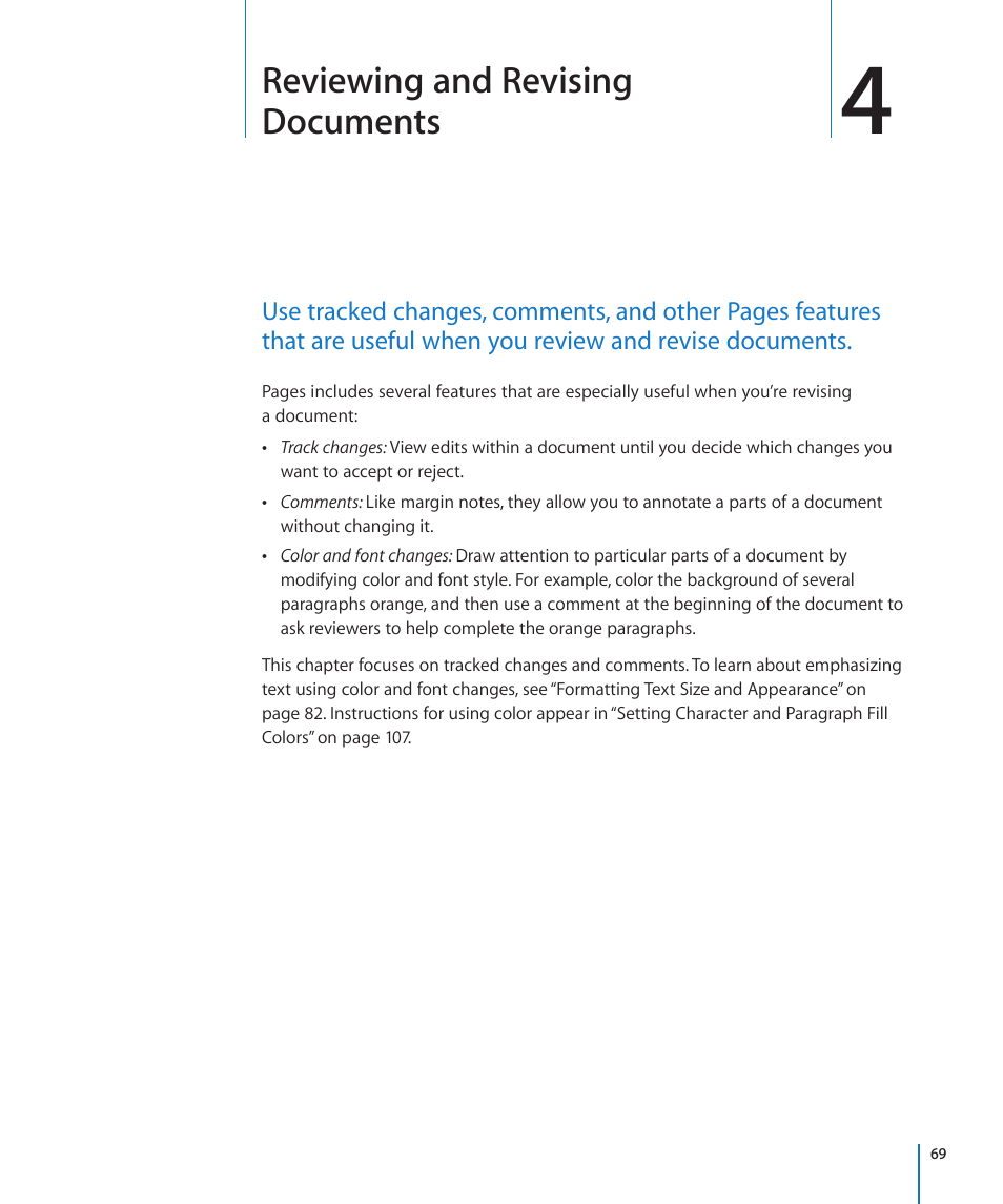 Chapter 4: reviewing and revising documents, Chapter 4: reviewing and revising documents, Reviewing and revising documents | Apple Pages '09 User Manual | Page 69 / 279