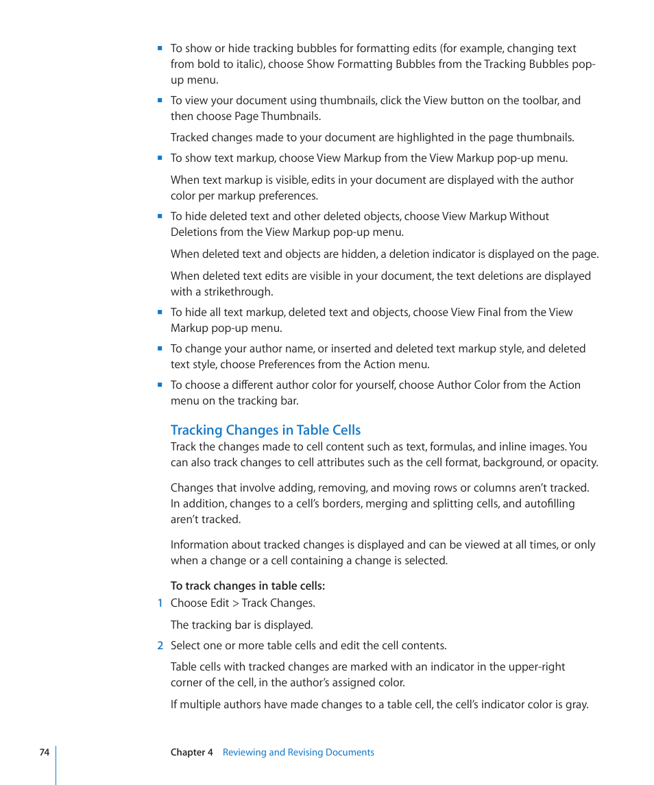 Tracking changes in table cells | Apple Pages '09 User Manual | Page 74 / 279