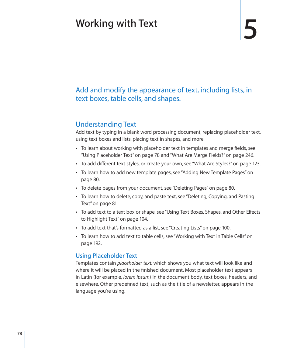 Chapter 5: working with text, Understanding text, Using placeholder text | Chapter 5: working with text, 78 understanding text 78, 78 f, Working with text | Apple Pages '09 User Manual | Page 78 / 279