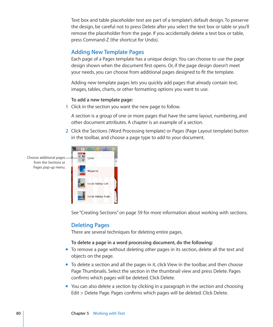 Adding new template pages, Deleting pages | Apple Pages '09 User Manual | Page 80 / 279