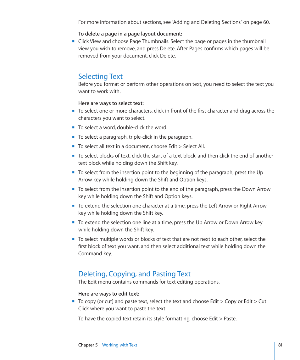Selecting text, Deleting, copying, and pasting text, Deleting, copying, and pasting | Text | Apple Pages '09 User Manual | Page 81 / 279