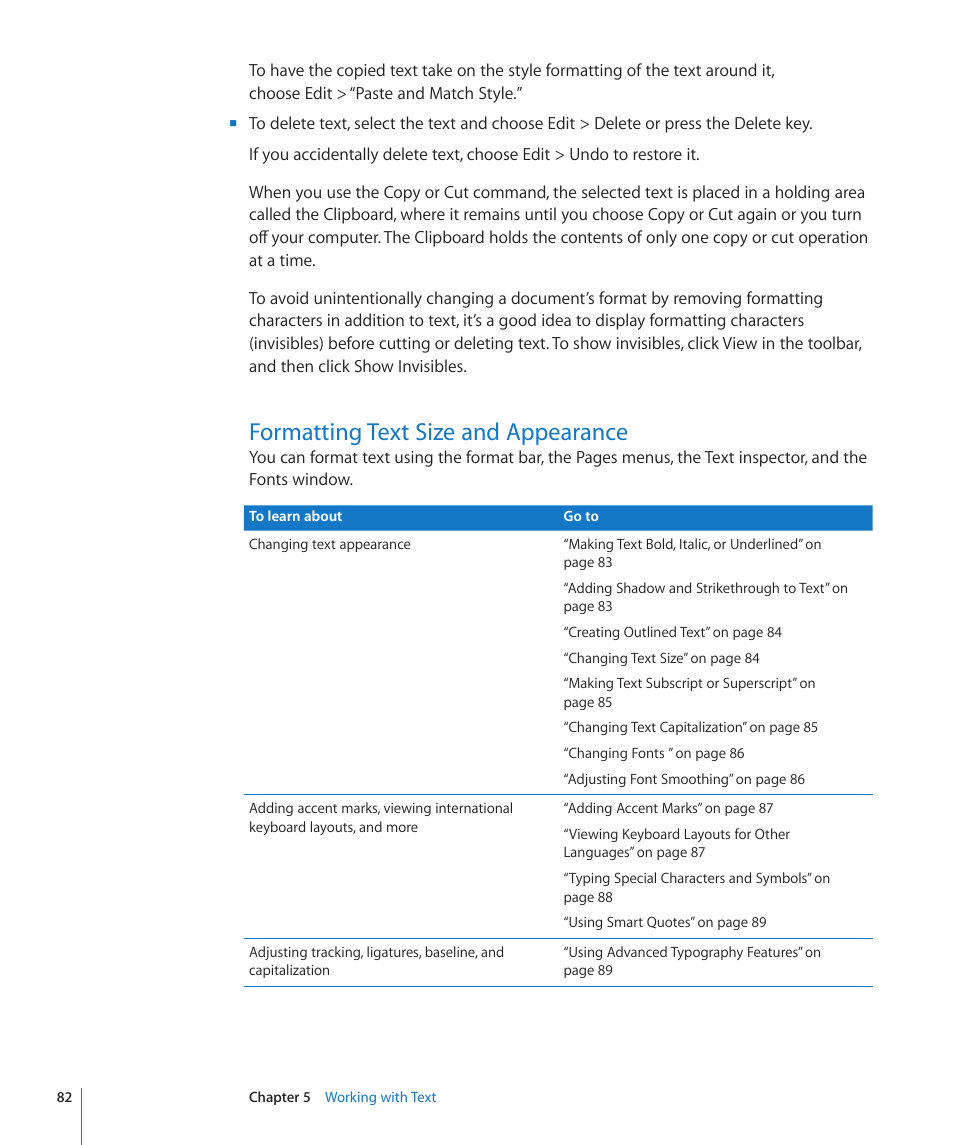 Formatting text size and appearance, 82 formatting text size and appearance | Apple Pages '09 User Manual | Page 82 / 279