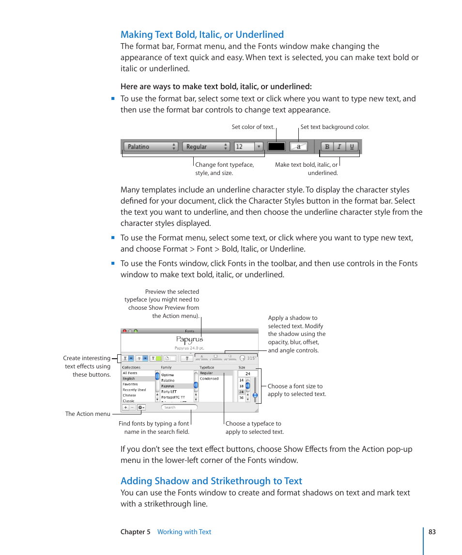 Making text bold, italic, or underlined, Adding shadow and strikethrough to text, 83 “adding shadow and strikethrough to text | Apple Pages '09 User Manual | Page 83 / 279