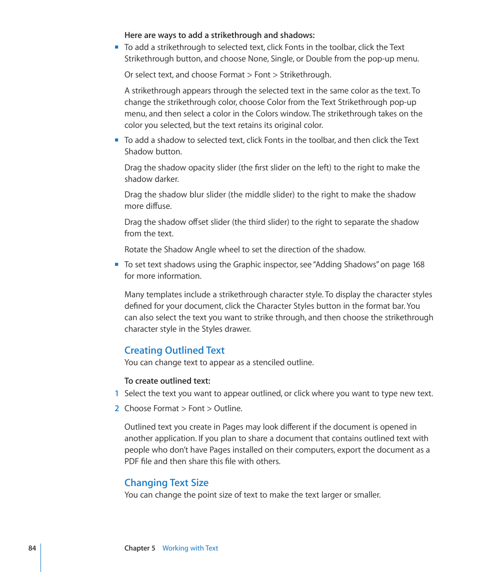 Creating outlined text, Changing text size | Apple Pages '09 User Manual | Page 84 / 279