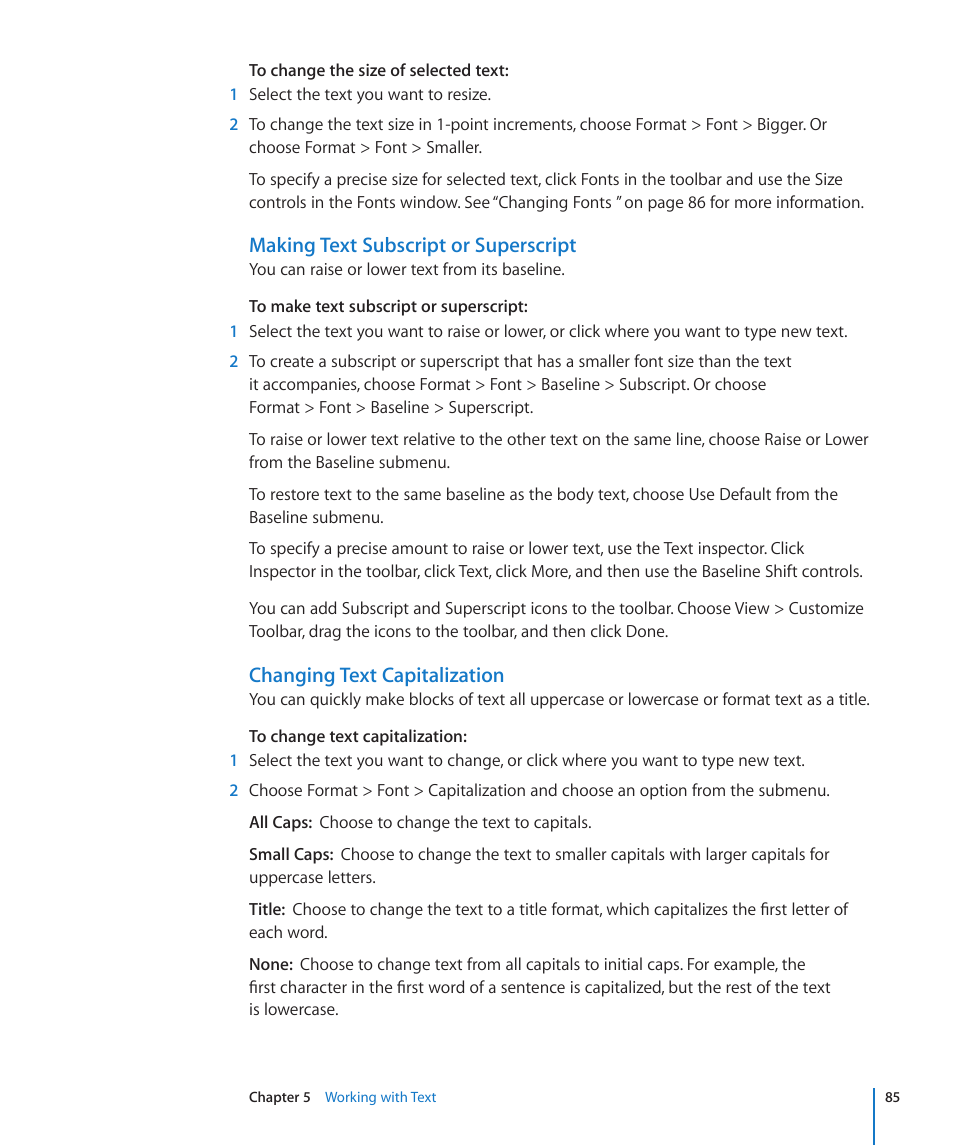 Making text subscript or superscript, Changing text capitalization | Apple Pages '09 User Manual | Page 85 / 279