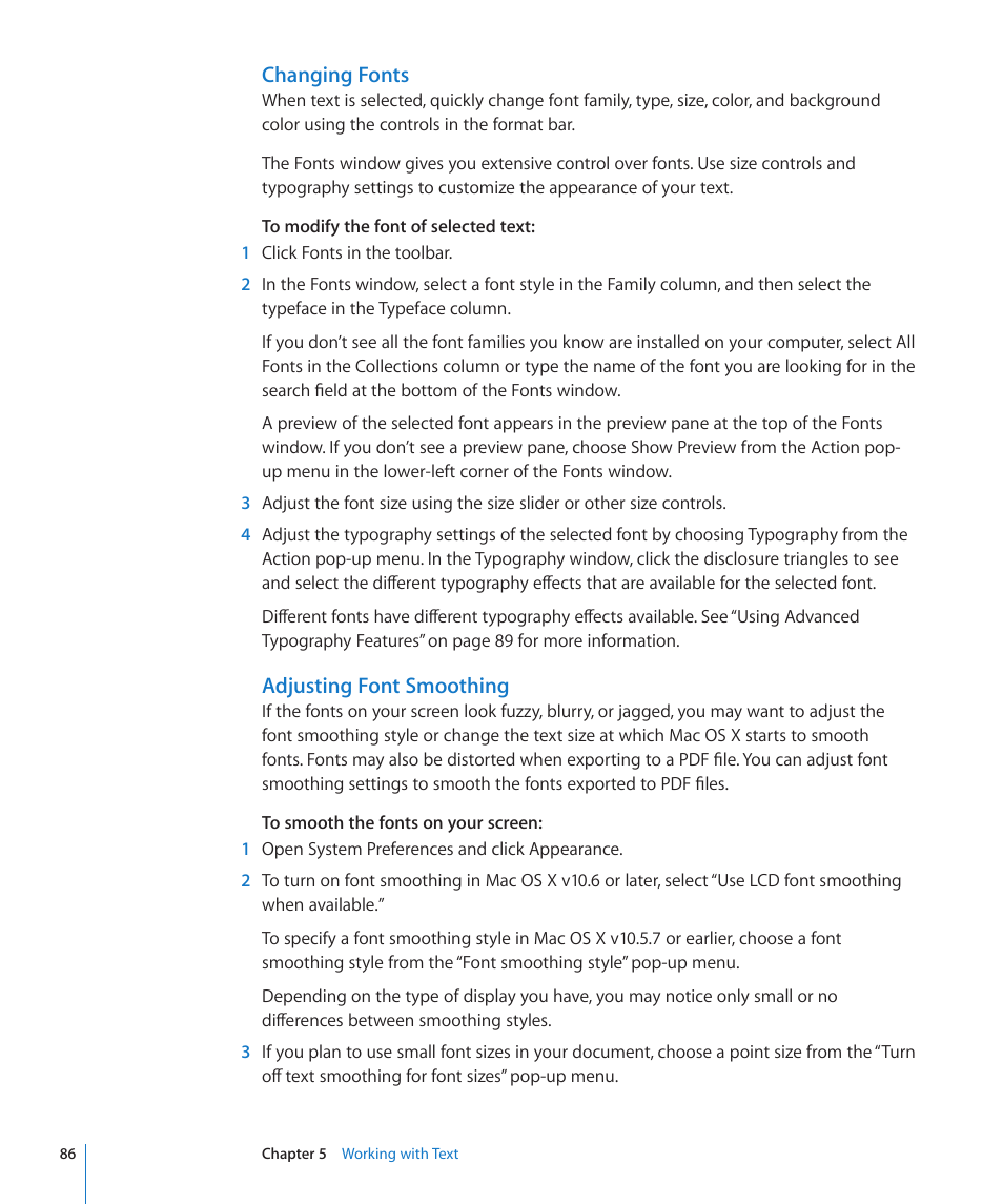 Changing fonts, Adjusting font smoothing, 86 “adjusting font smoothing | Apple Pages '09 User Manual | Page 86 / 279