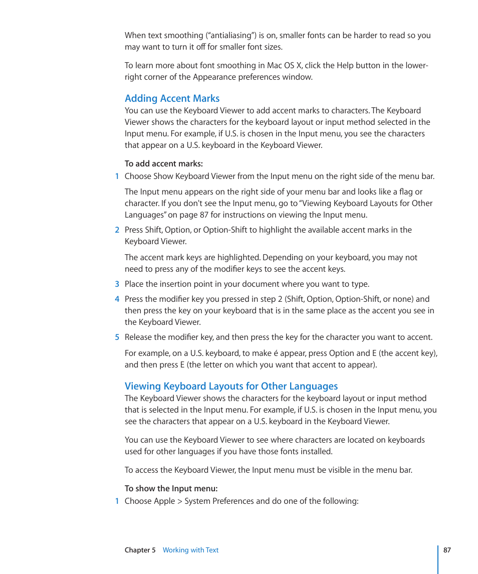 Adding accent marks, Viewing keyboard layouts for other languages | Apple Pages '09 User Manual | Page 87 / 279