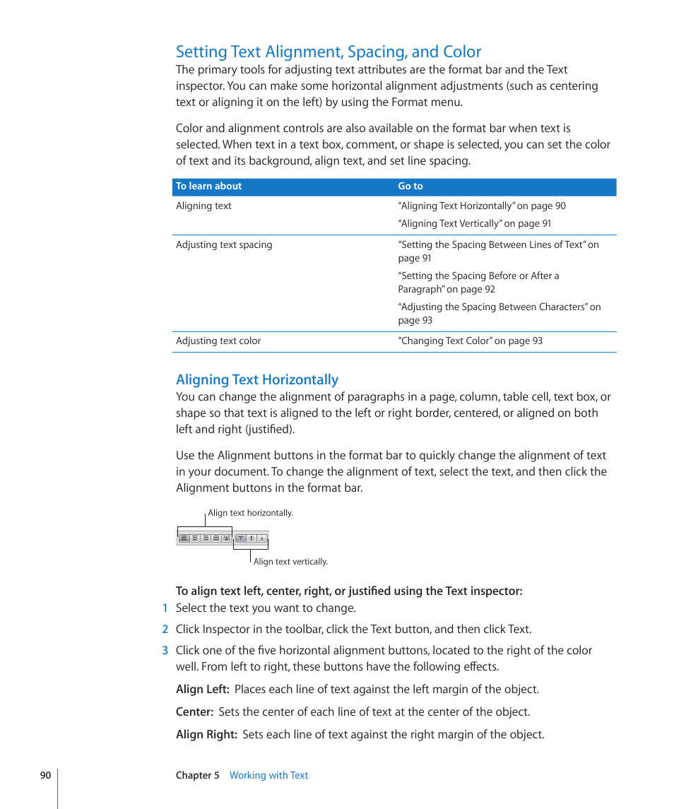 Setting text alignment, spacing, and color, Aligning text horizontally, 90 setting text alignment, spacing, and color 90 | Apple Pages '09 User Manual | Page 90 / 279