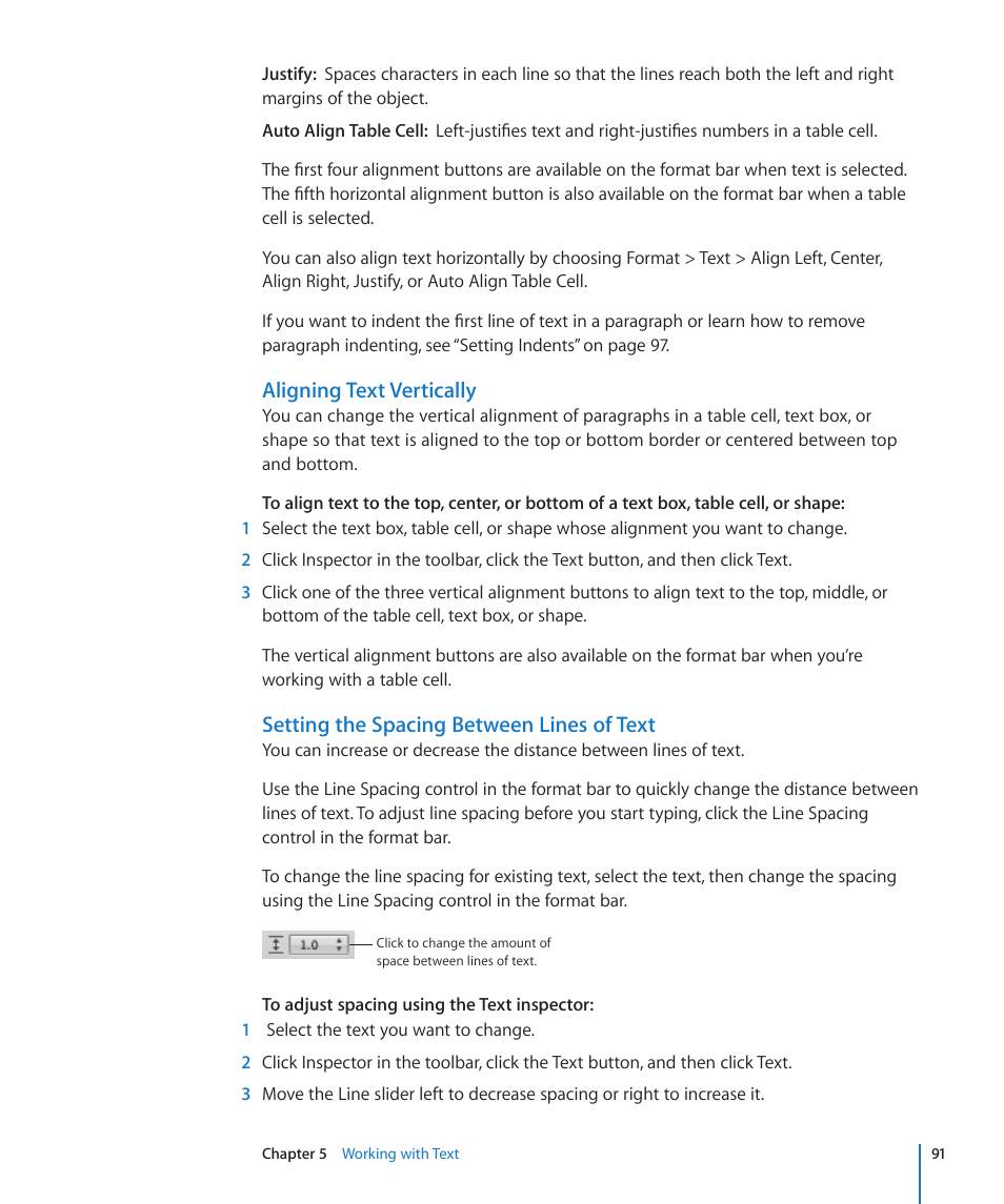 Aligning text vertically, Setting the spacing between lines of text | Apple Pages '09 User Manual | Page 91 / 279