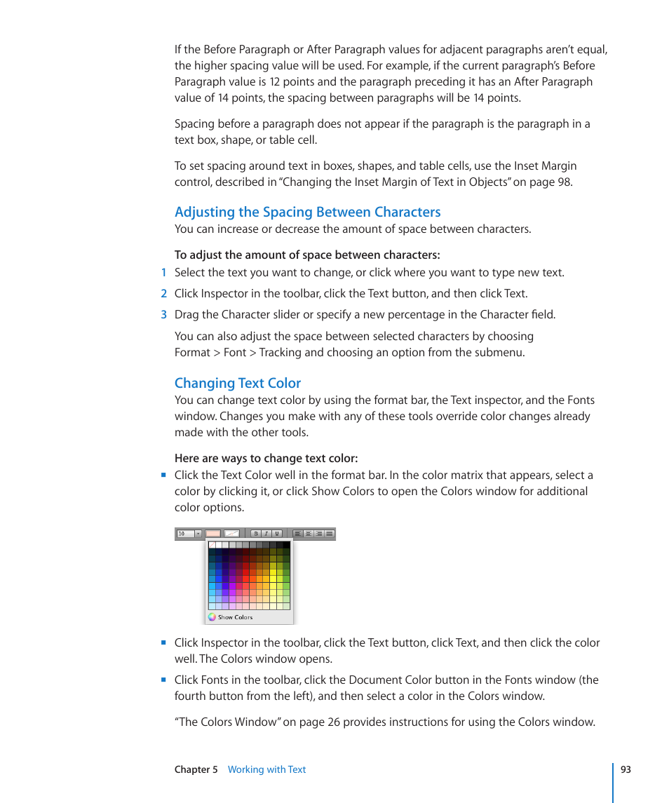 Adjusting the spacing between characters, Changing text color | Apple Pages '09 User Manual | Page 93 / 279