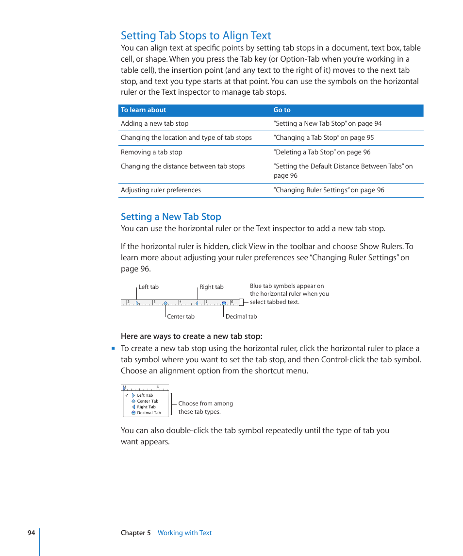 Setting tab stops to align text, Setting a new tab stop, 94 setting tab stops to align text 94 | Apple Pages '09 User Manual | Page 94 / 279