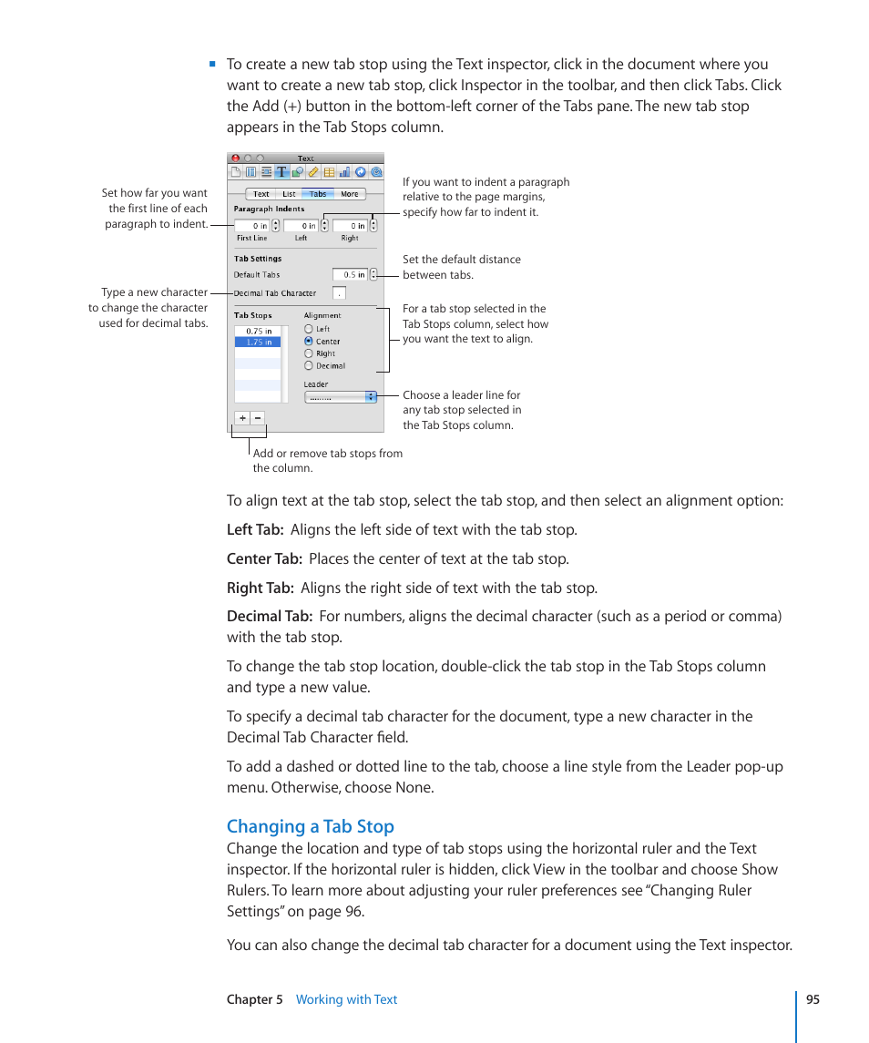 Changing a tab stop | Apple Pages '09 User Manual | Page 95 / 279