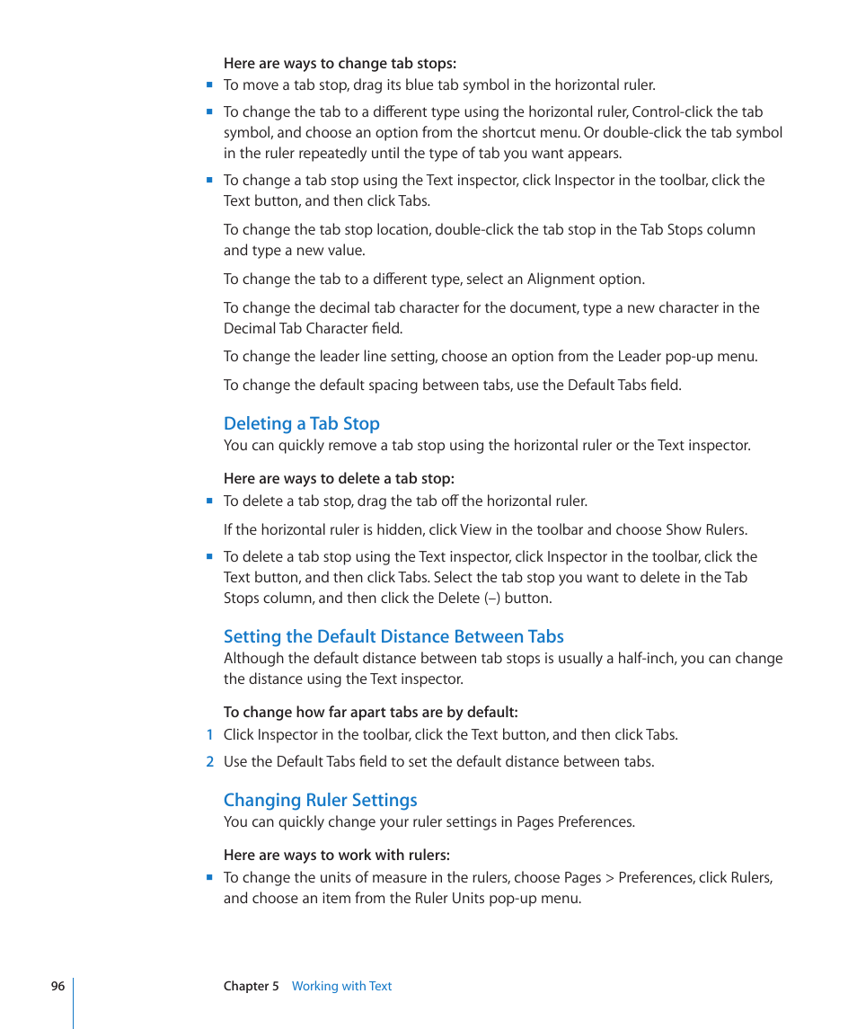 Deleting a tab stop, Setting the default distance between tabs, Changing ruler settings | 96 f | Apple Pages '09 User Manual | Page 96 / 279