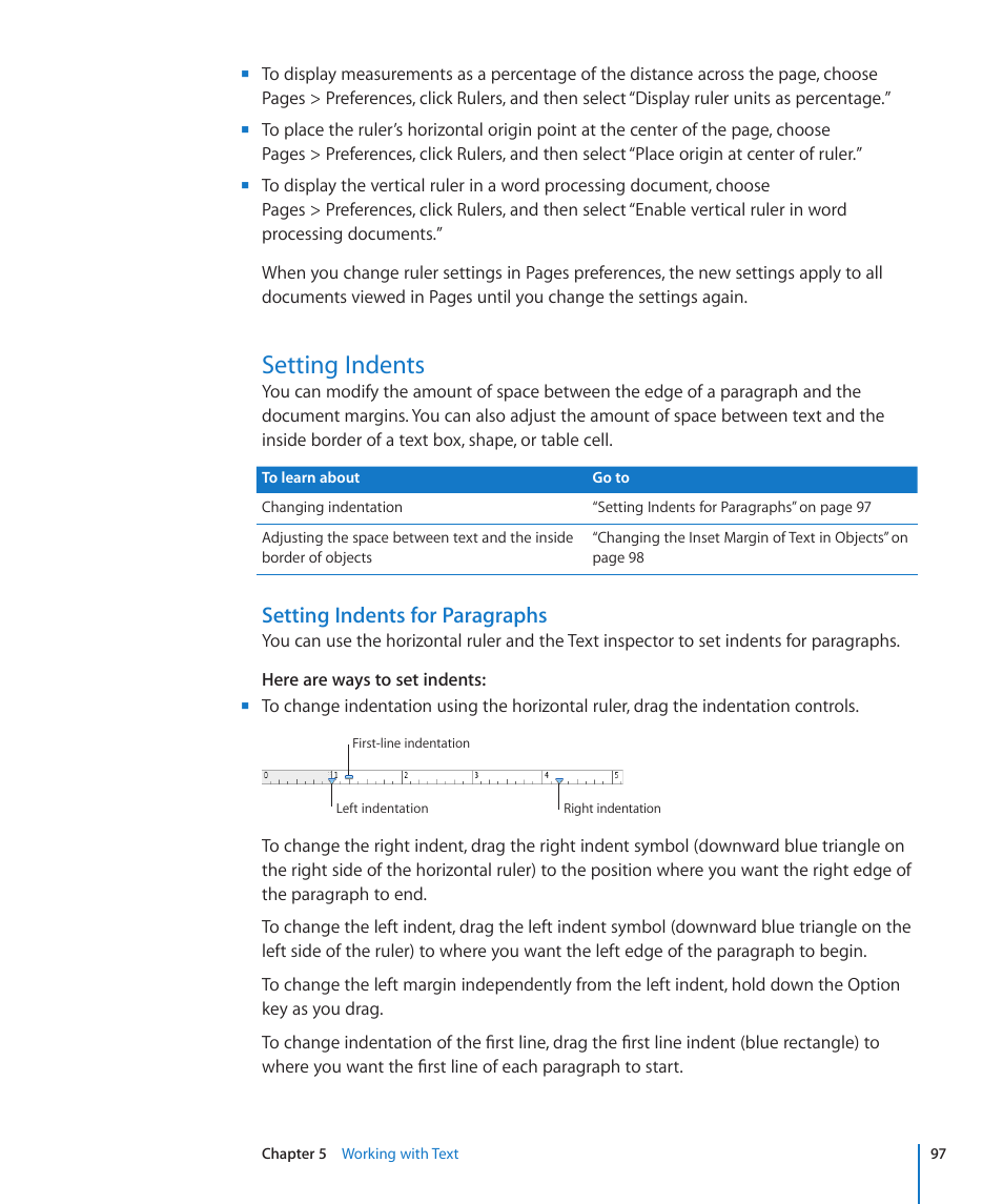 Setting indents, Setting indents for paragraphs, 97 setting indents 97 | Apple Pages '09 User Manual | Page 97 / 279
