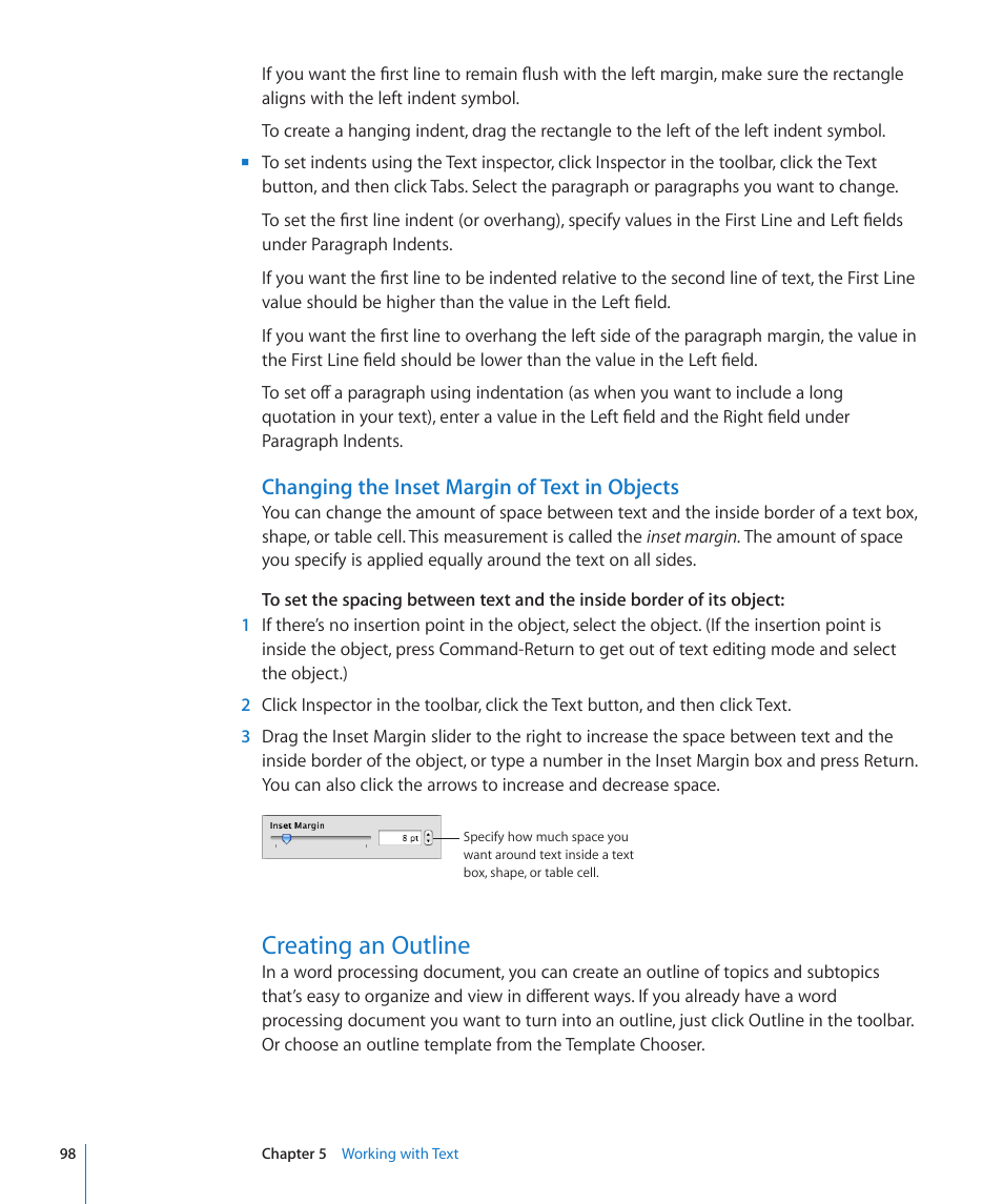 Changing the inset margin of text in objects, Creating an outline, 98 creating an outline | Apple Pages '09 User Manual | Page 98 / 279