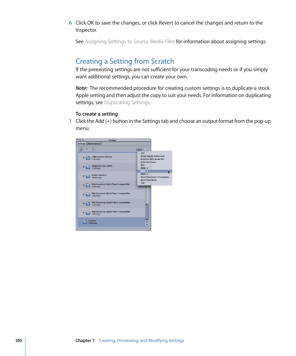 Creating a setting from scratch, Creating a setting from, Scratch | Apple Compressor 3 User Manual | Page 100 / 368