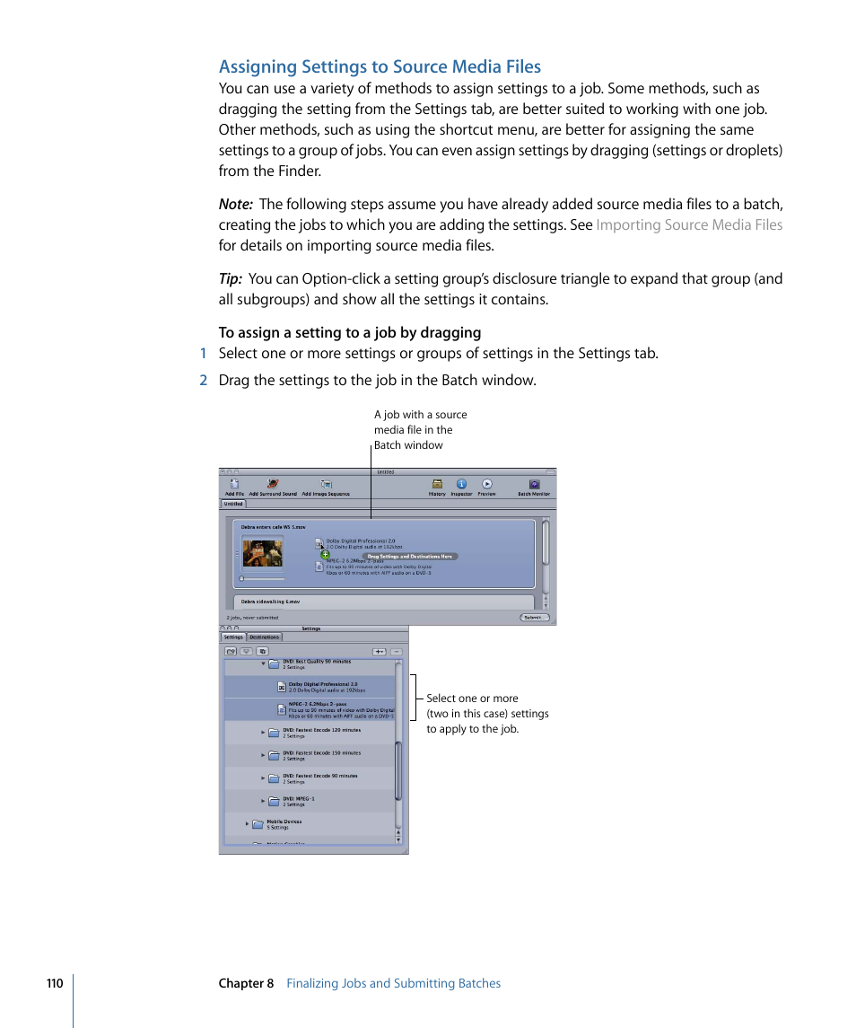 Assigning settings to source media files | Apple Compressor 3 User Manual | Page 110 / 368