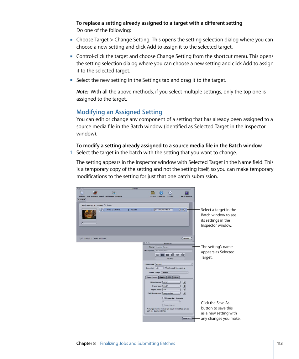 Modifying an assigned setting | Apple Compressor 3 User Manual | Page 113 / 368