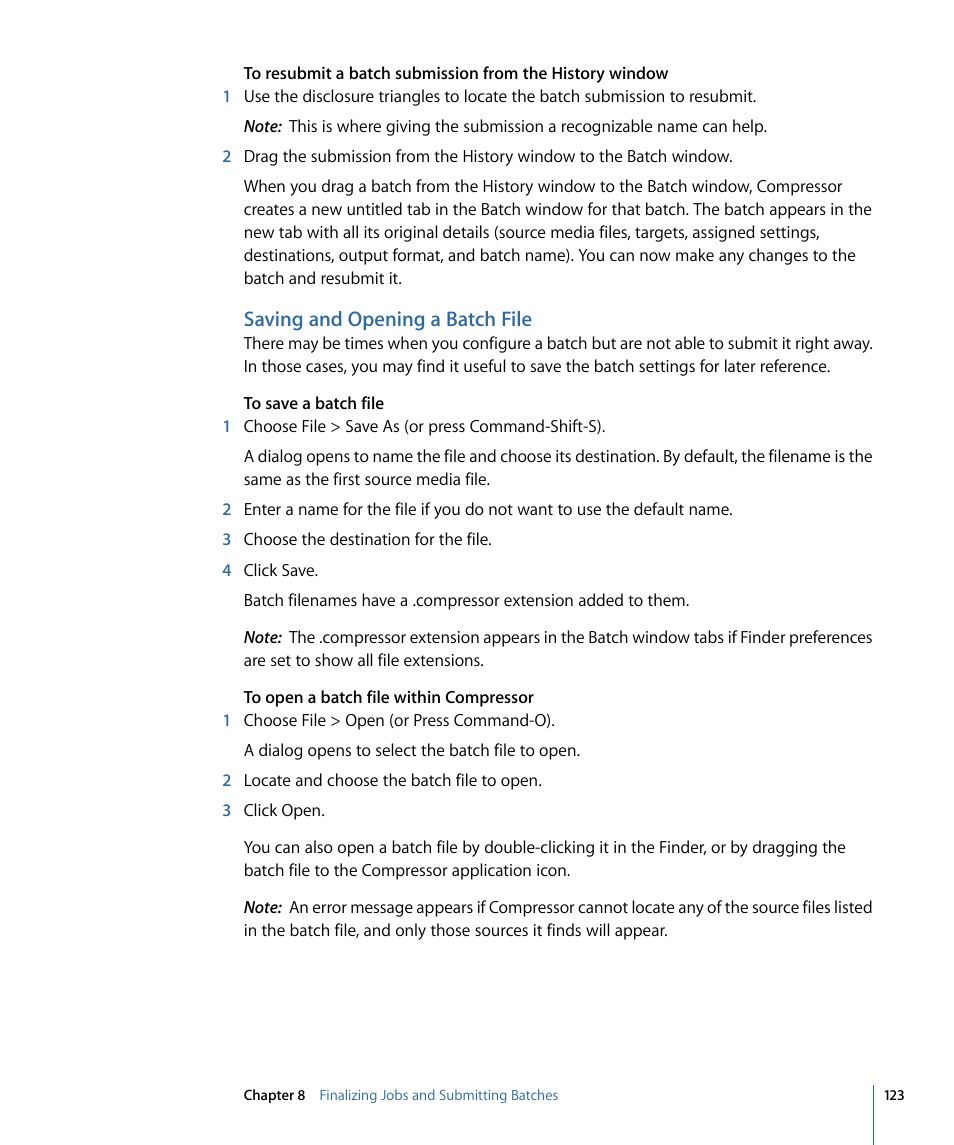 Saving and opening a batch file | Apple Compressor 3 User Manual | Page 123 / 368