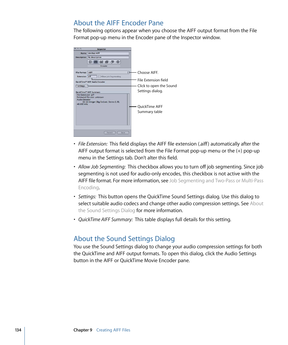 About the aiff encoder pane, About the sound settings dialog | Apple Compressor 3 User Manual | Page 134 / 368