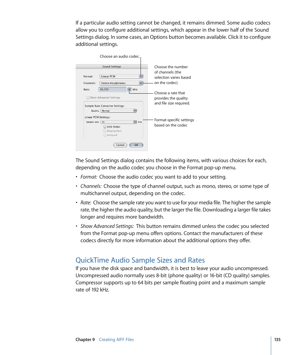 Quicktime audio sample sizes and rates | Apple Compressor 3 User Manual | Page 135 / 368