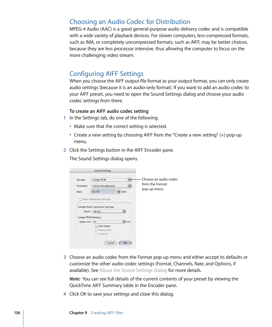 Choosing an audio codec for distribution, Configuring aiff settings | Apple Compressor 3 User Manual | Page 136 / 368