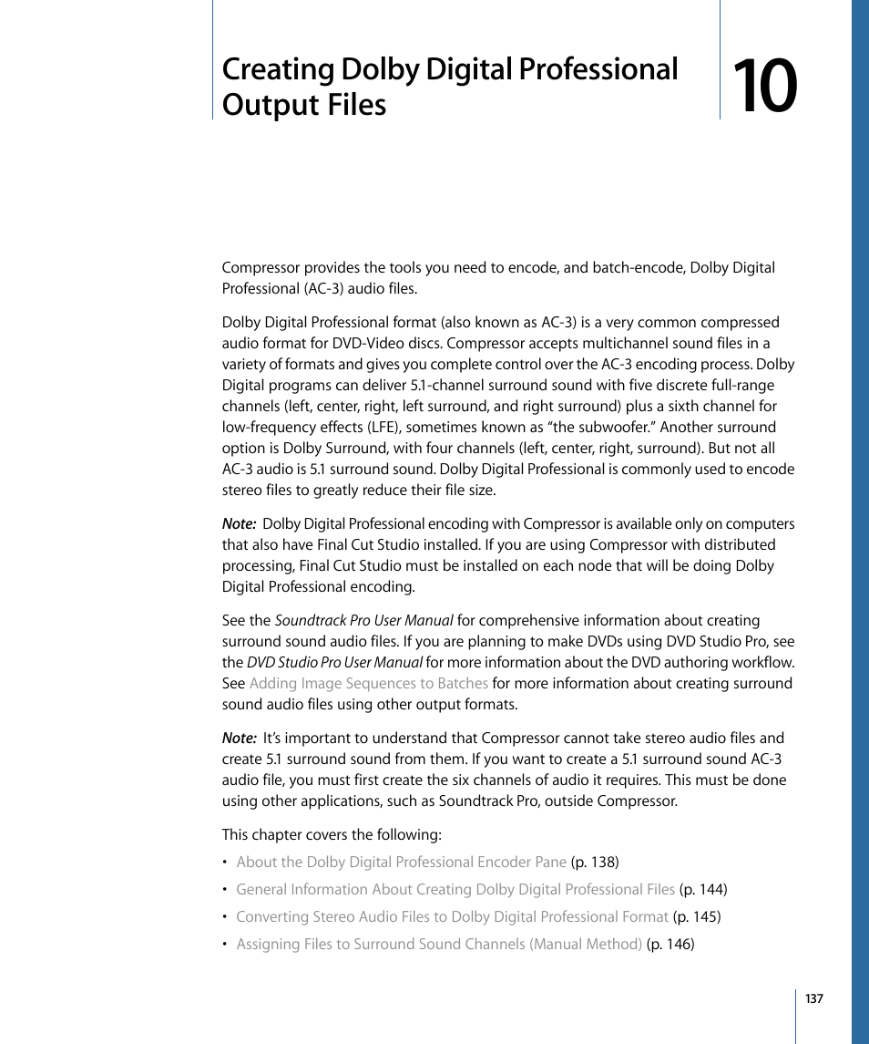 Creating dolby digital professional output files, Creating dolby digital professional output, Files | Apple Compressor 3 User Manual | Page 137 / 368