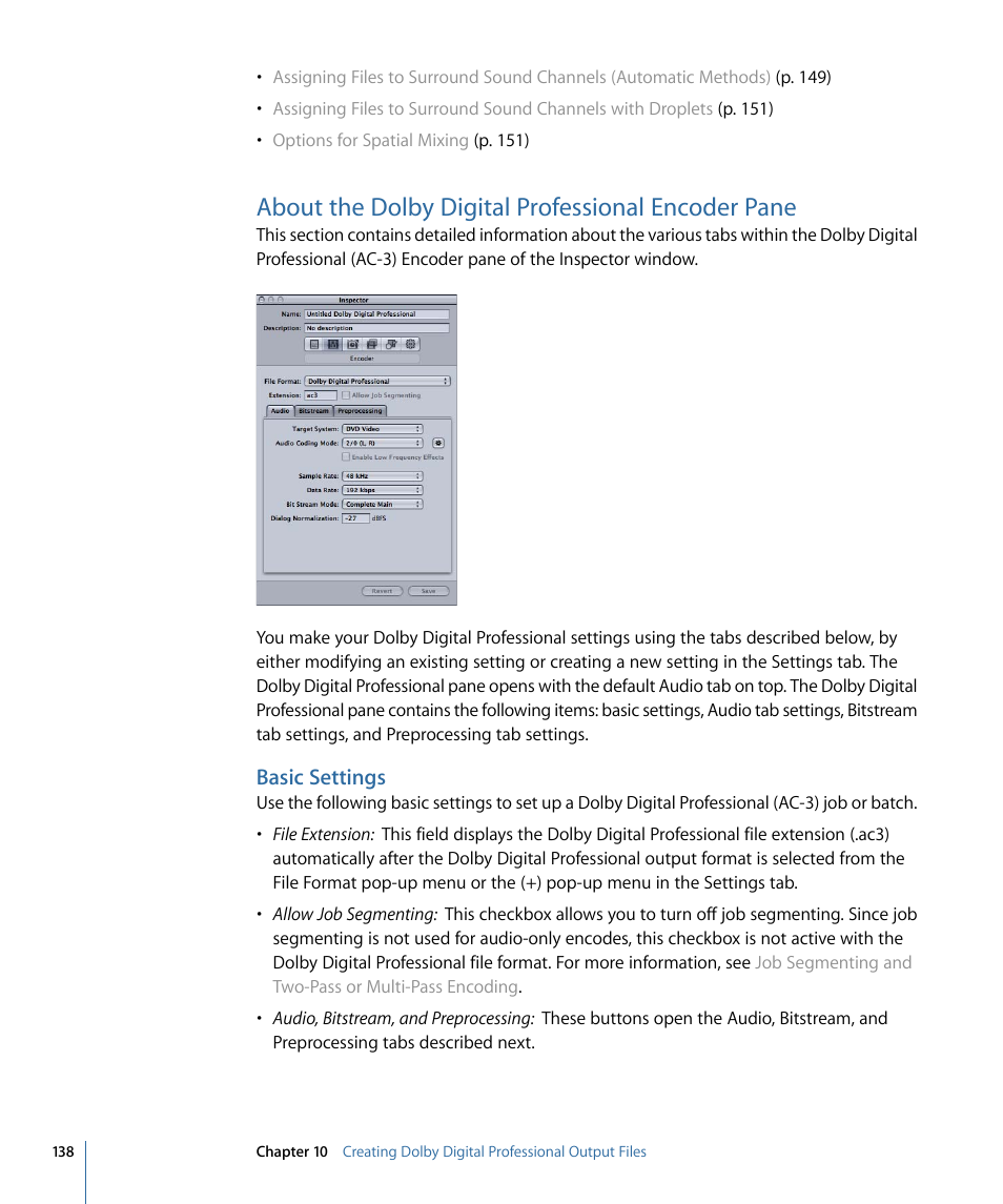 About the dolby digital professional encoder pane, Basic settings | Apple Compressor 3 User Manual | Page 138 / 368