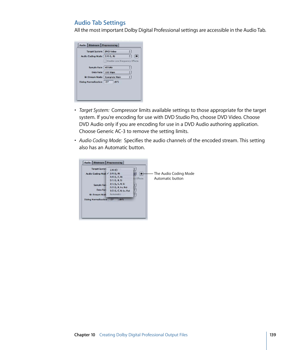 Audio tab settings | Apple Compressor 3 User Manual | Page 139 / 368