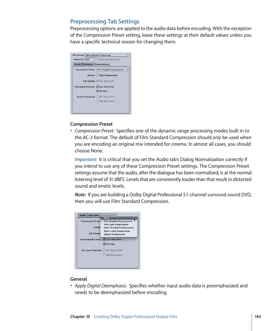 Preprocessing tab settings | Apple Compressor 3 User Manual | Page 143 / 368
