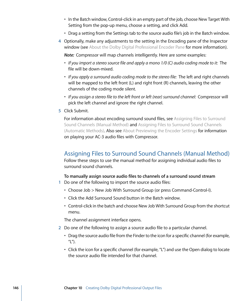 Assigning files to surround sound channels, Manual method) | Apple Compressor 3 User Manual | Page 146 / 368