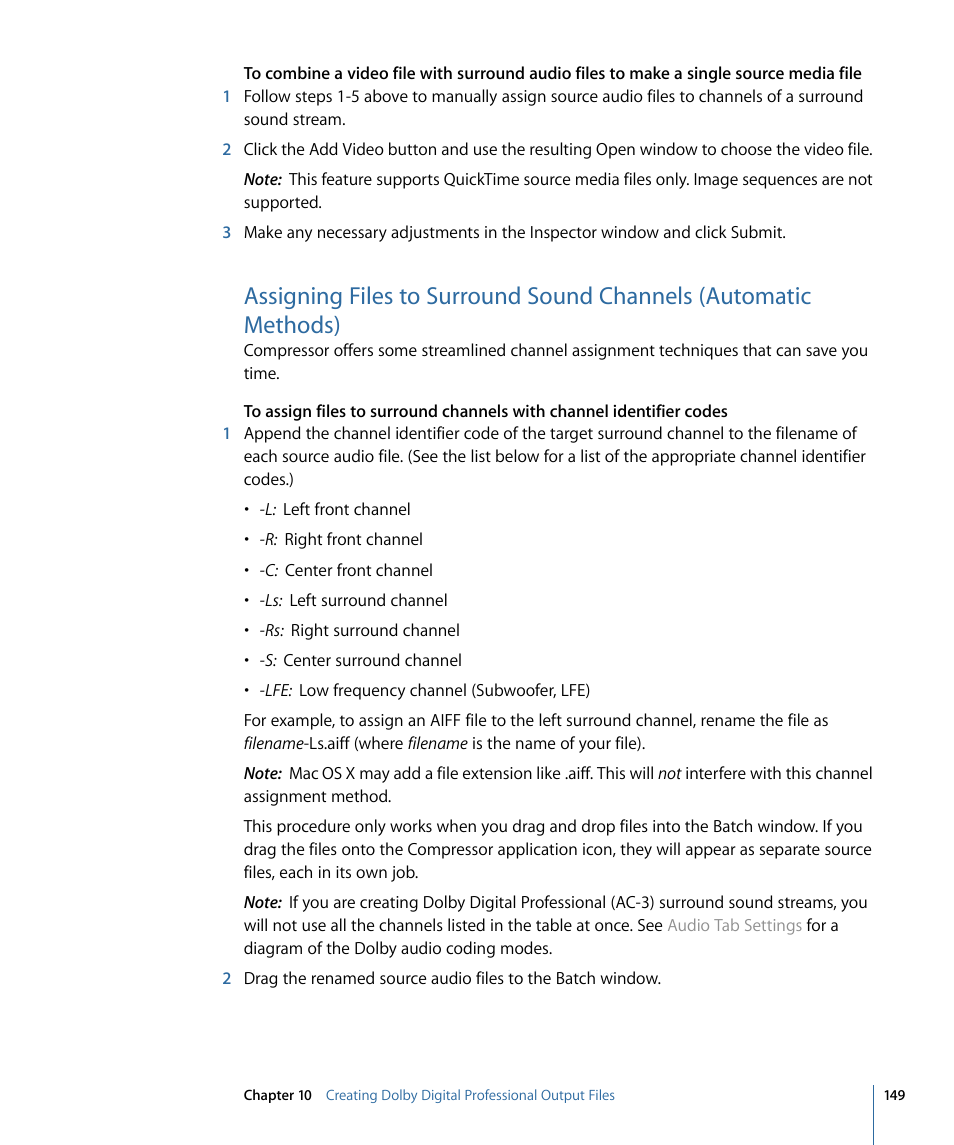 Assigning files to surround sound channels, Automatic methods) | Apple Compressor 3 User Manual | Page 149 / 368