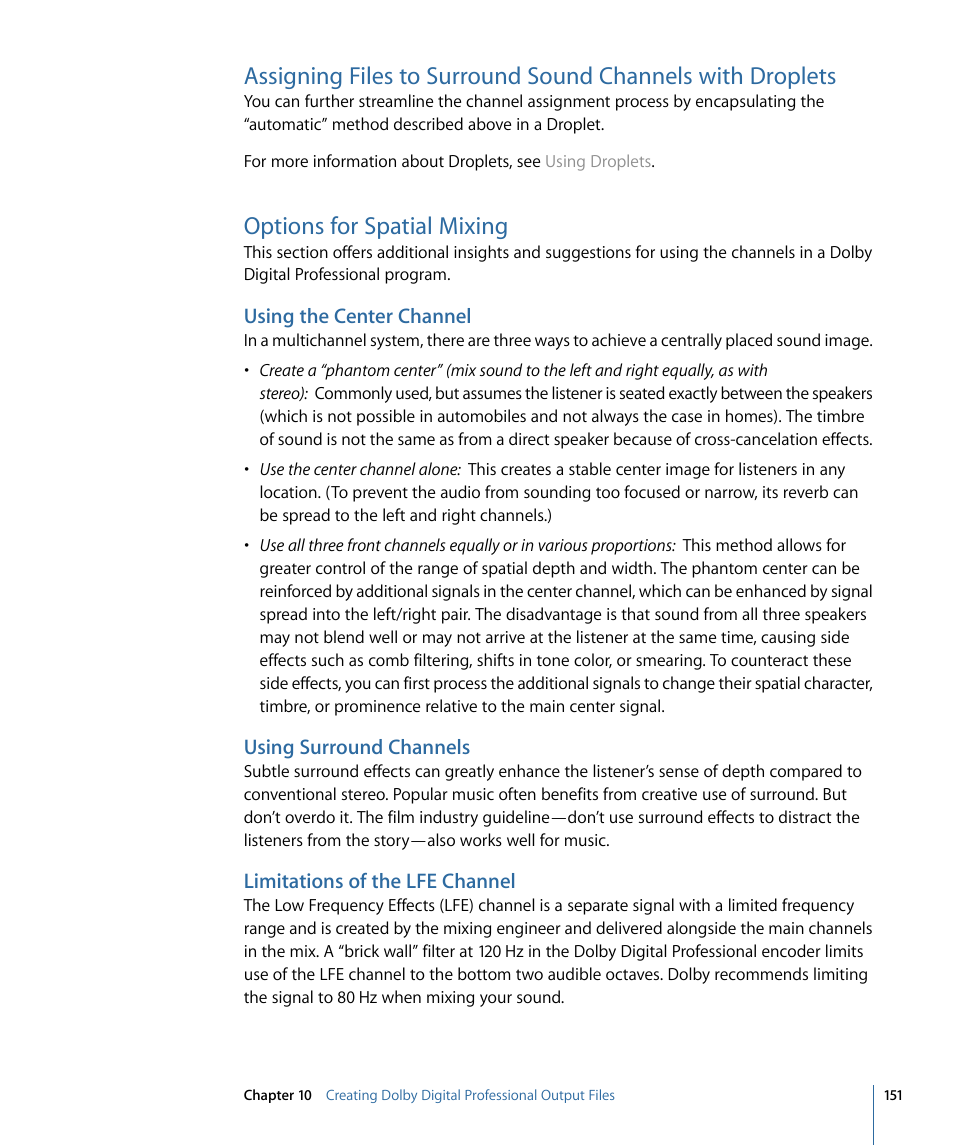 Options for spatial mixing, Using the center channel, Using surround channels | Limitations of the lfe channel | Apple Compressor 3 User Manual | Page 151 / 368