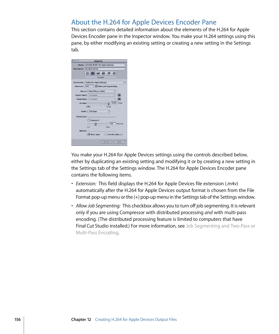 About the h.264 for apple devices encoder pane | Apple Compressor 3 User Manual | Page 156 / 368