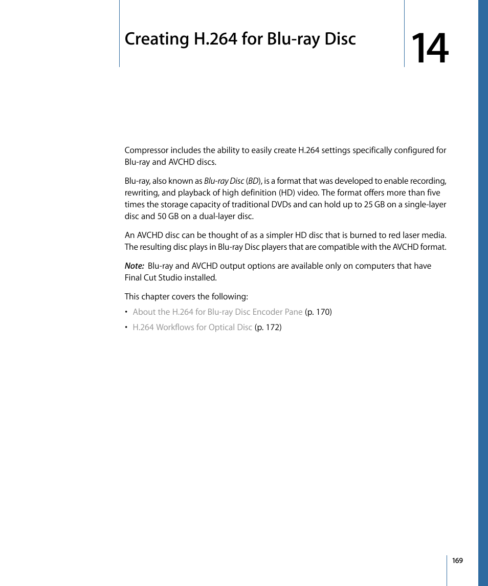 Creating h.264 for blu-ray disc, Creating h.264 for blu-ray, Disc | Creating, H.264 for blu-ray disc | Apple Compressor 3 User Manual | Page 169 / 368