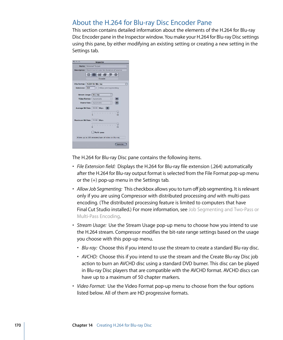 About the h.264 for blu-ray disc encoder pane | Apple Compressor 3 User Manual | Page 170 / 368