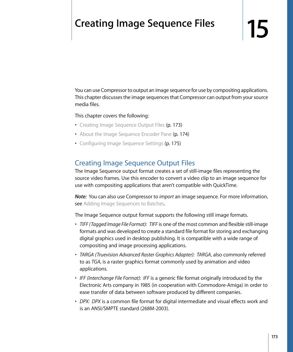 Creating image sequence files, Creating image sequence output files | Apple Compressor 3 User Manual | Page 173 / 368