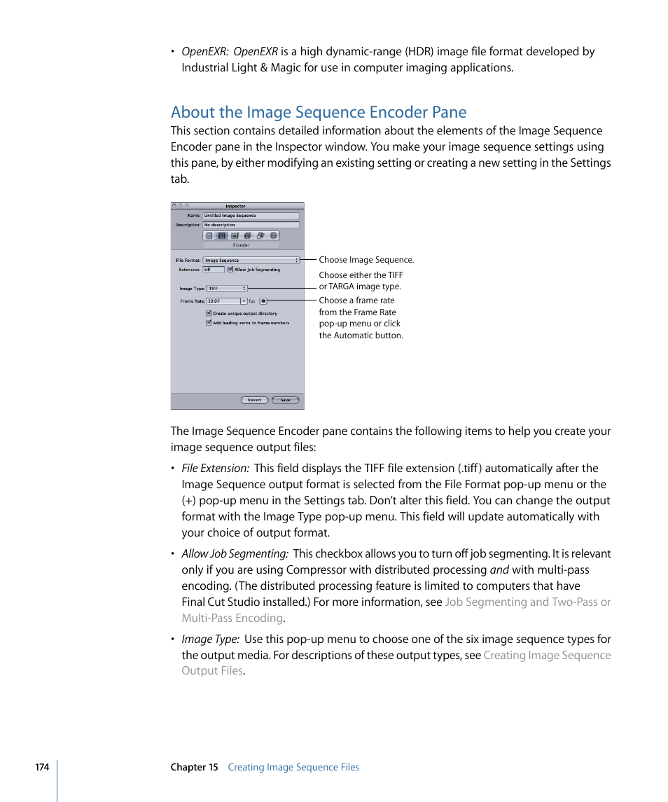 About the image sequence encoder pane | Apple Compressor 3 User Manual | Page 174 / 368