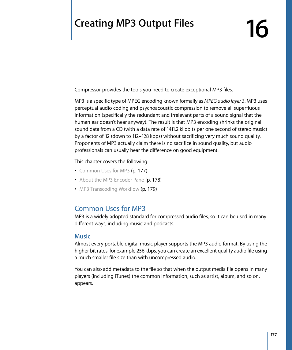 Creating mp3 output files, Common uses for mp3, Music | Apple Compressor 3 User Manual | Page 177 / 368