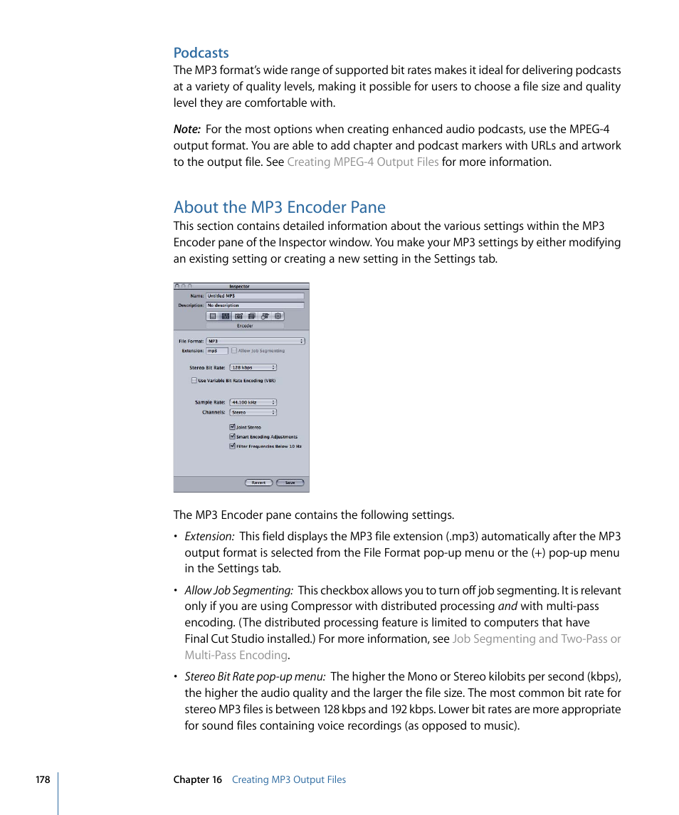 Podcasts, About the mp3 encoder pane | Apple Compressor 3 User Manual | Page 178 / 368